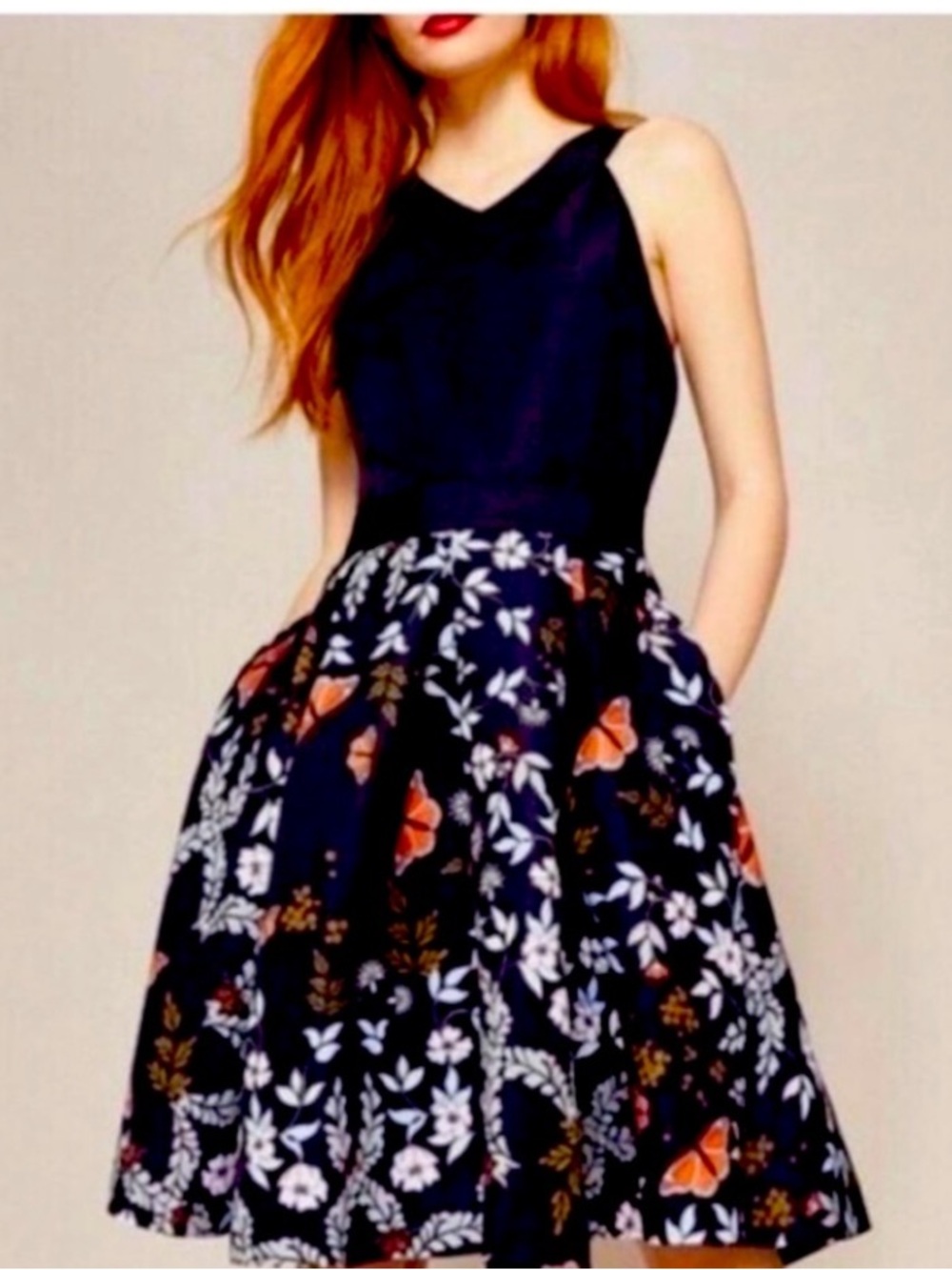 Ted Baker Kyoto Navy Floral Fit-and-Flare Dress with Pockets Sz US6 Or Ted Sz 2 - Picture 7 of 7